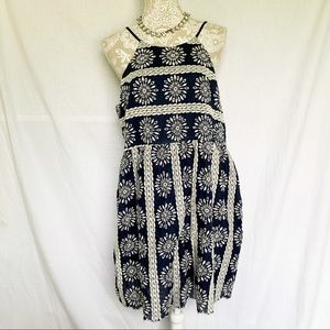 Entro // Navy, White Embroidered Sunburst Dress L